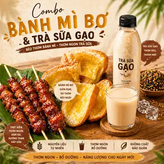 Hình ảnh 4 xiên 2 bánh mì bơ mật + trà sữa gạo