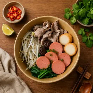 Hình ảnh Mì tim cật - xúc xích - đậu hũ phô mai chua cay