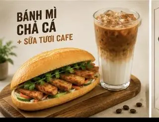 Hình ảnh bánh mì chả cá+sữa tươi cafe