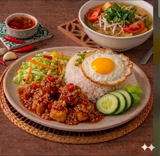 Hình ảnh Cơm  gà miếng nướng sốt cay+ Trứng ốp