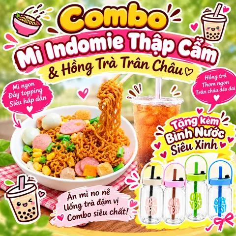 Hình ảnh Combo Mì trộn indomie thập cẩm kèm Hồng Trà Trân Châu ( Tặng Bình Siêu Dễ Thương)