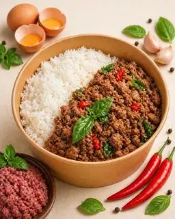 Hình ảnh Cơm Thịt Bằm Xào Lá Quế