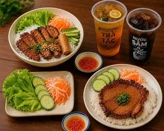 Hình ảnh Combo 2 người cơm sườn + bún thịt nướng đầy đủ + 2 ly nước