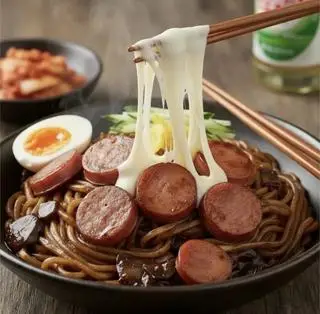 Hình ảnh Mì sốt tương đen xúc xích phô mai