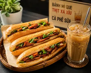 Hình ảnh bánh mì que thịt sá xíu+ cà phê sữa
