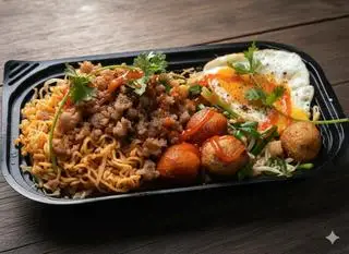 Hình ảnh Mì trộn sa tế cay (1 vắt mì + thịt bằm + tóp mỡ + 4 cá viên hải sản + trứng ốp la)