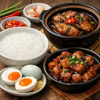 Hình ảnh 4. Cháo trắng hột vịt muối + thịt kho tiêu 