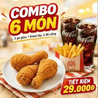 Hình ảnh Combo 6 món: 3 gà giòn + 1 khoai + 2 coca