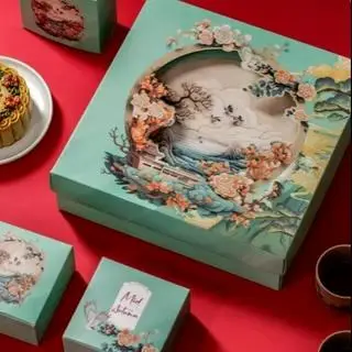 Hình ảnh Hộp 4 bánh trung thu loại 1 trứng 150g ( mẫu hộp minh nguyệt xanh mint )