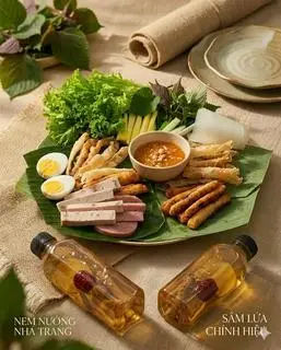 Hình ảnh 2 NGƯỜI CĂNG BỤNG ( 1 phần Tá lả + 1 phần Nem nướng Nha Trang + 2 sâm bông cúc )