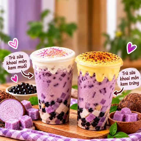 Hình ảnh Combo trà sữa khoai môn kem muối + trà sữa khoai môn kem trứng