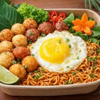 Hình ảnh Mì trộn viên lộn xộn trứng ốp la