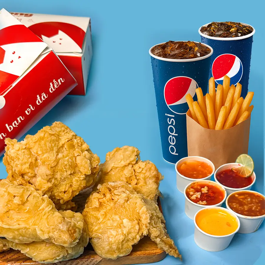Hình ảnh Combo chia sẻ ( 2 Phần gà kèm sốt, 1 Khoai vừa , 2 Pepsi )