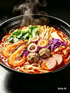 Hình ảnh mì cay kim chi tôm + mực