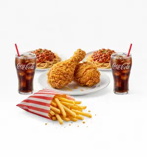 Hình ảnh 2 gà giòn + 2 mỳ ý + 1 khoai + 2 coca