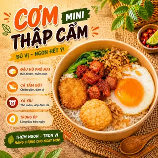Hình ảnh Cơm thố giàu đạm (full cơm, đậu hủ, cá tempura, xá xíu, trứng)