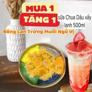 Hình ảnh combo bánh trứng muối 5 vị + sữa chua dâu sấy lạnh 