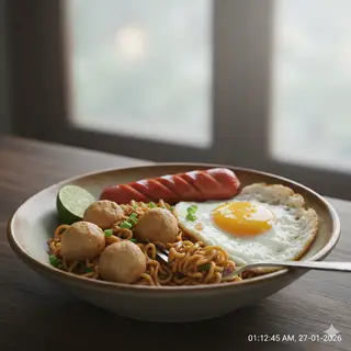 Hình ảnh Mì trộn ốp la xúc xích cá viên