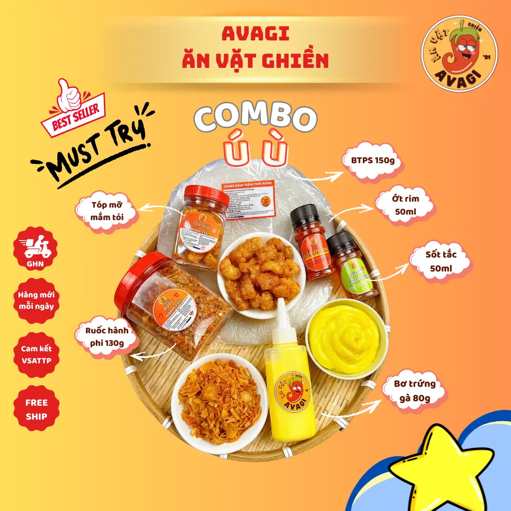 Hình ảnh  combo ú ù - bánh tráng - tóp mỡ - chai bơ - ruốc hành phi kèm 1 sốt tắc ớt rim
