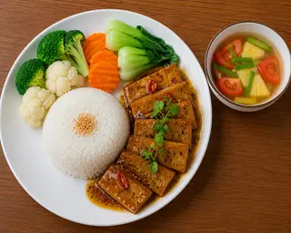 Hình ảnh Cơm tám chả quế kho tiêu chay vegan