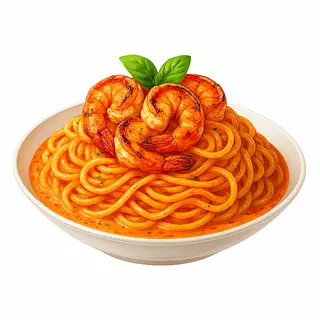 Hình ảnh Mì sốt tomyum béo và tôm áp chảo