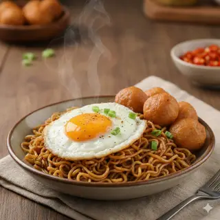 Hình ảnh Mì trộn trứng ốp la - bò viên