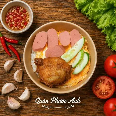Hình ảnh Cơm gà  - xúc xích phủ trứng sốt mắm tỏi ngon