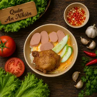 Hình ảnh Cơm gà xúc xích chiên giòn phủ trứng - nước mắm tỏi thơm