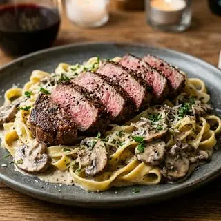Hình ảnh Mì steak bò sốt kem nấm