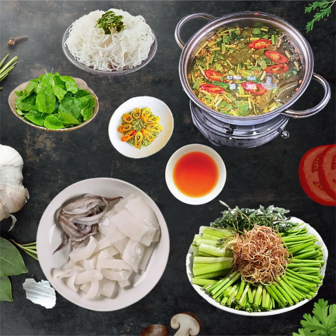 Hình ảnh Lẩu mực nấu lá giang, đậu bắp, bạc hà