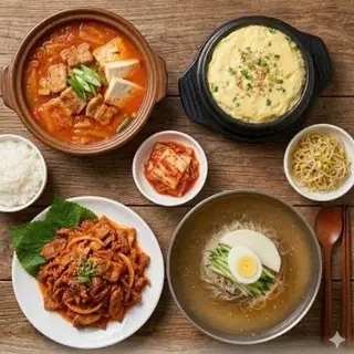 Hình ảnh Canh kim chi + Mì lạnh+ thịt heo xào cay + trứng hấp mềm mịn