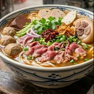 Hình ảnh bún bò tái + bò viên + chả 