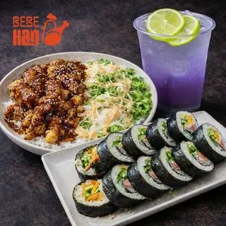 Hình ảnh combo cơm gà giòn xốt teriyaki + kimbap + nước moọito việt quất