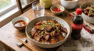 Hình ảnh Cơm thịt ba chỉ cháy cạnh - nước