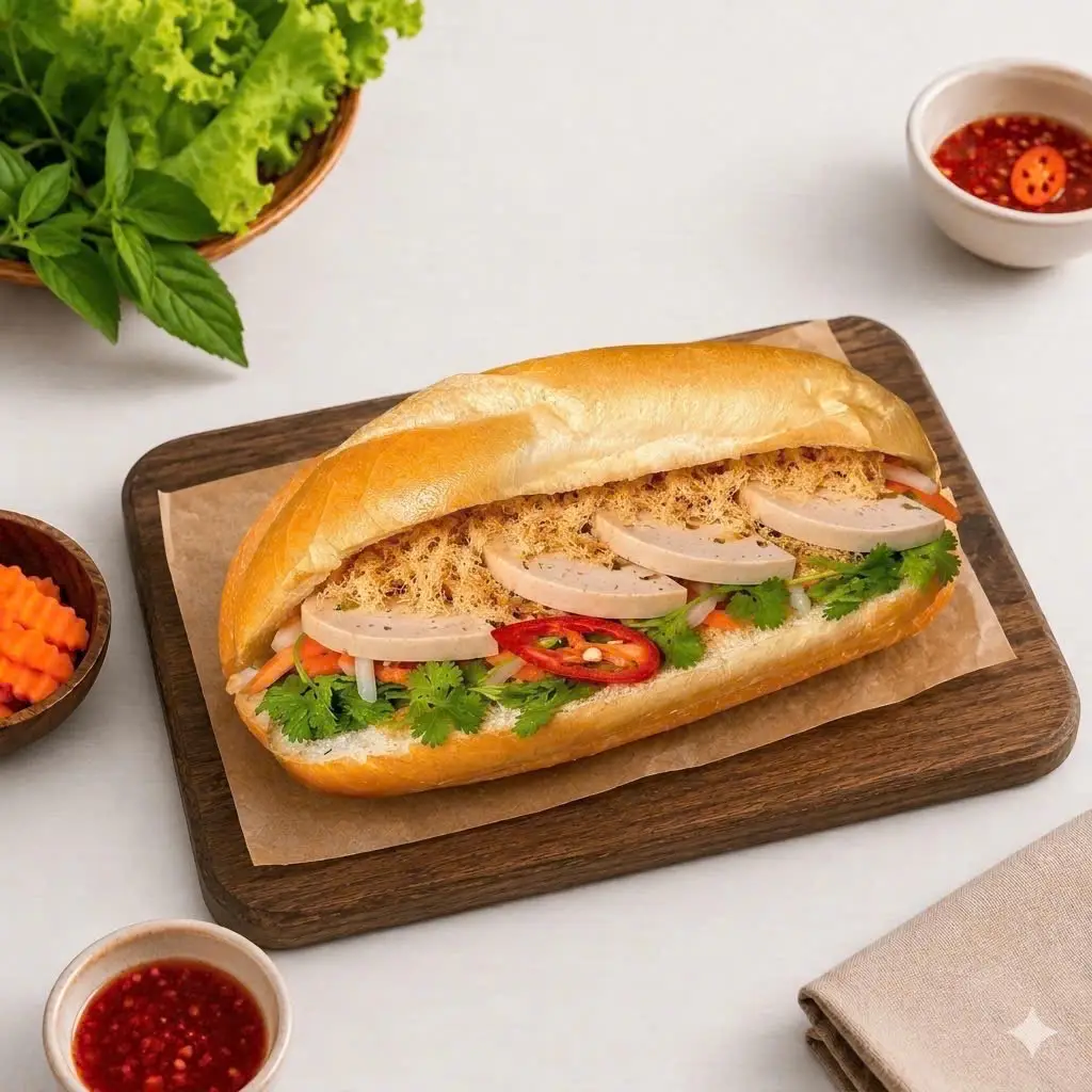 Hình ảnh Bánh mì chả lụa chà bông chay
