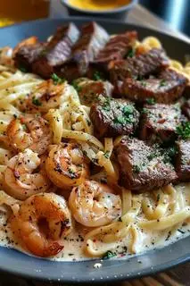 Hình ảnh pasta sốt kem steak tôm