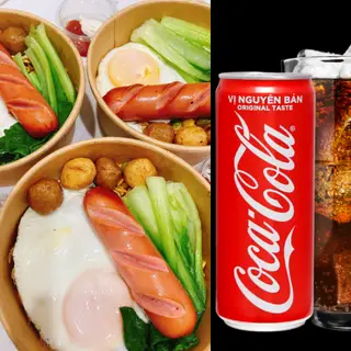 Hình ảnh Combo Mì Trộn Trứng Lòng Đào,Chả Ram, Xúc Xích , Cá Viên Chiên, + Coca