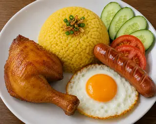 Hình ảnh cơm gà xối mỡ+ xúc xích Đức 
