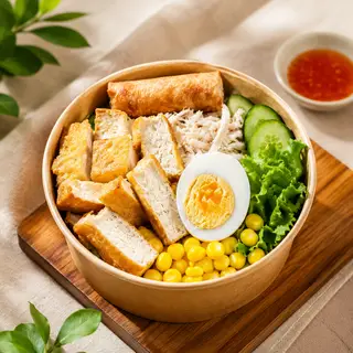 Hình ảnh Bún gạo lứt gà xé- trứng- tàu hủ- chả giò- bắp luộc