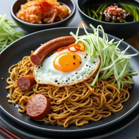 Hình ảnh Mì trộn rong mè xúc xích Đức áp chảo+ 1 trứng chiên