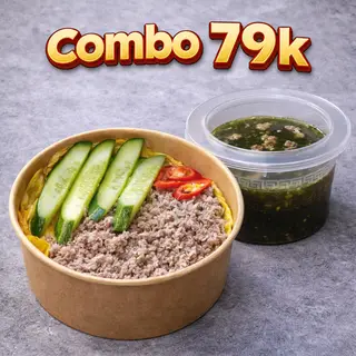 Hình ảnh cơm thit bằm+canh rong biển