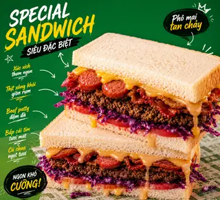 Hình ảnh Sandwich đặc biệt (không nướng, bánh mềm, nhân Bò + Xúc xích + Thịt xông khói)