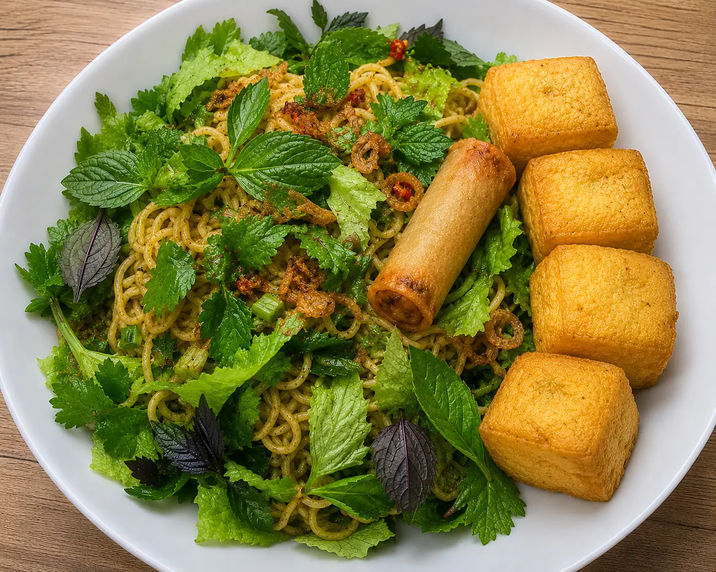 Hình ảnh Mì Trộn Rau Thơm-Chả Giò Chay-Đậu Chiên