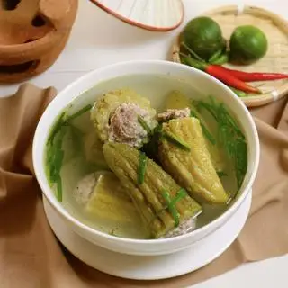 Hình ảnh Cơm canh khổ qua nhồi thịt - canh - rau - tráng miệng