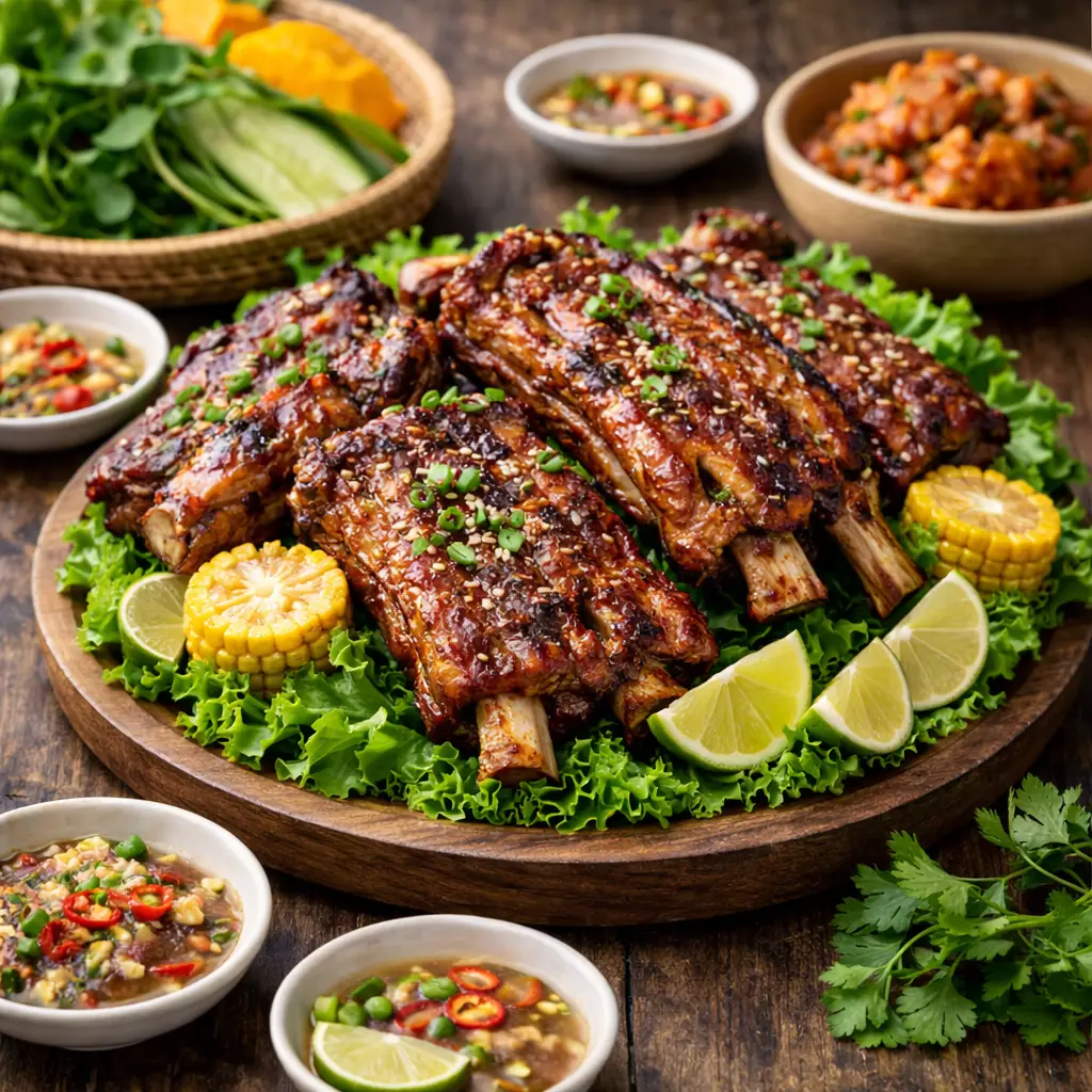 Hình ảnh Cơm sườn nướng sốt cay, xúc xích