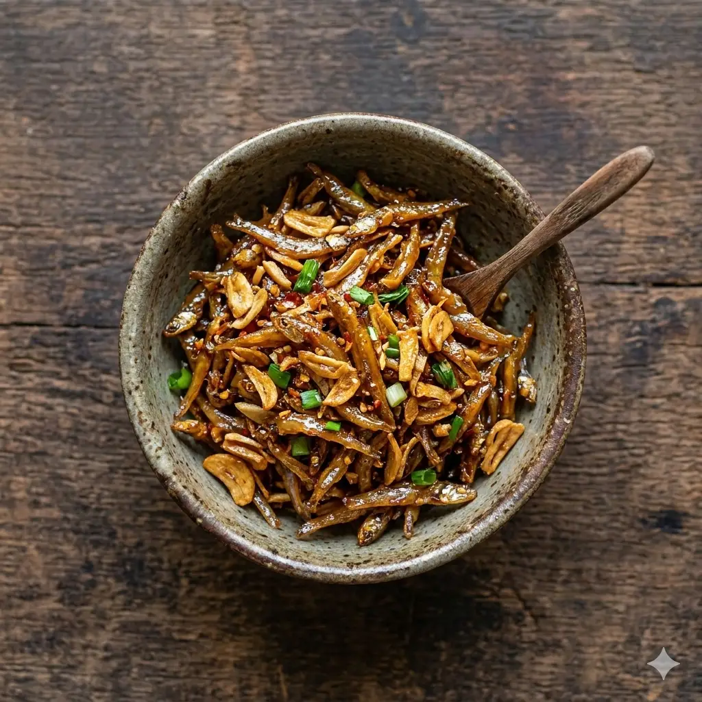 Hình ảnh Cá cơm chiên + đồ xào + canh