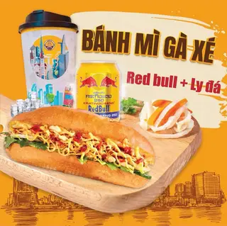 Hình ảnh Combo bánh mì gà rim xé - Red Bull - ly đá