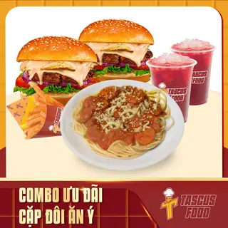 Hình ảnh 2 super burger sốt sapo - 1 khoai truyền thống - 1 mỳ ý phủ phomai - 2 trà hibiscus