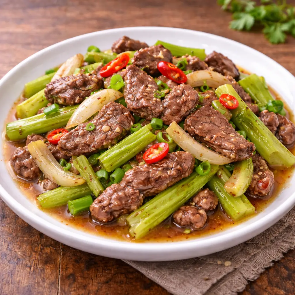 Hình ảnh Bò ngự hỏa vị - bò xào cần tỏi
