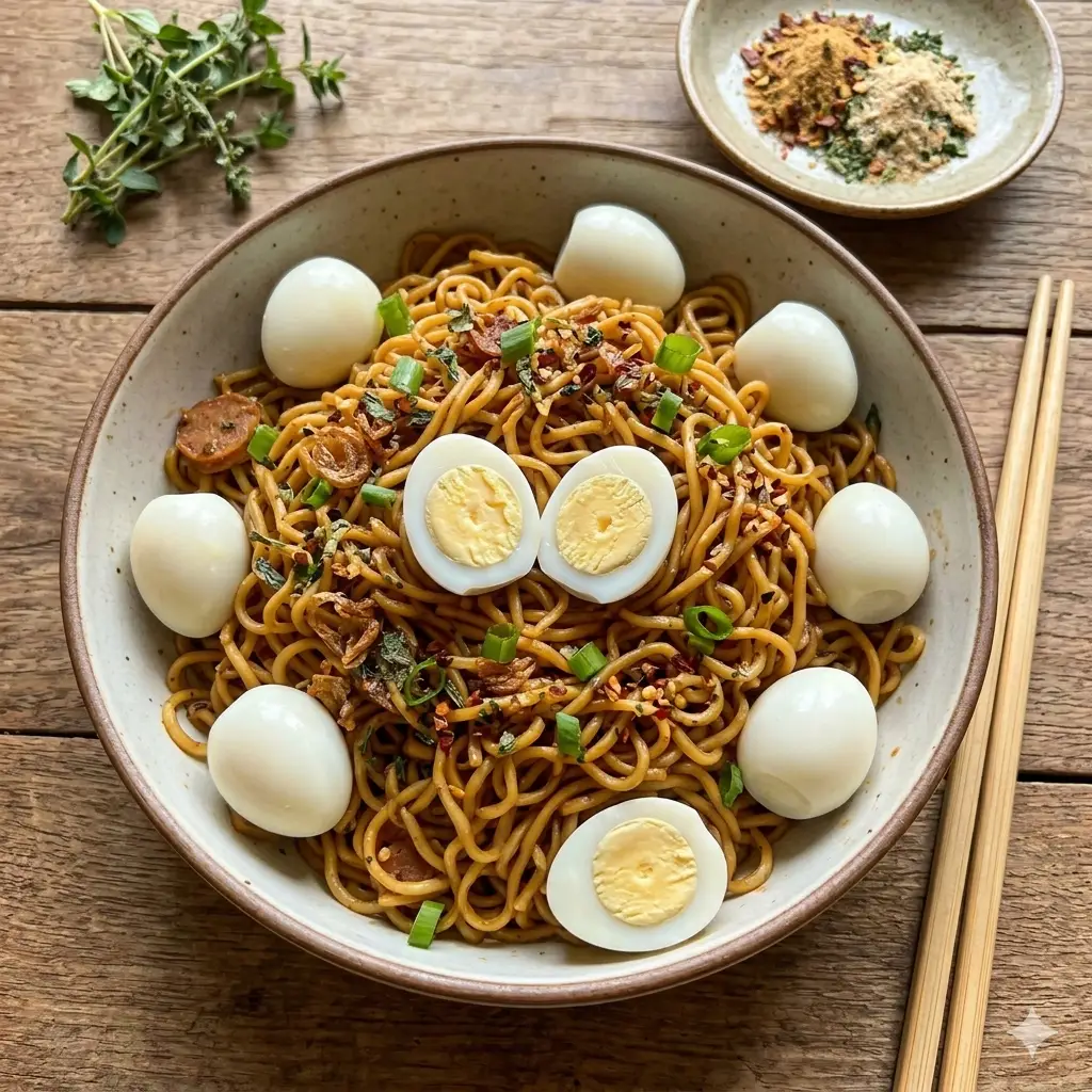 Hình ảnh Mì trộn trứng cút - tóp mỡ